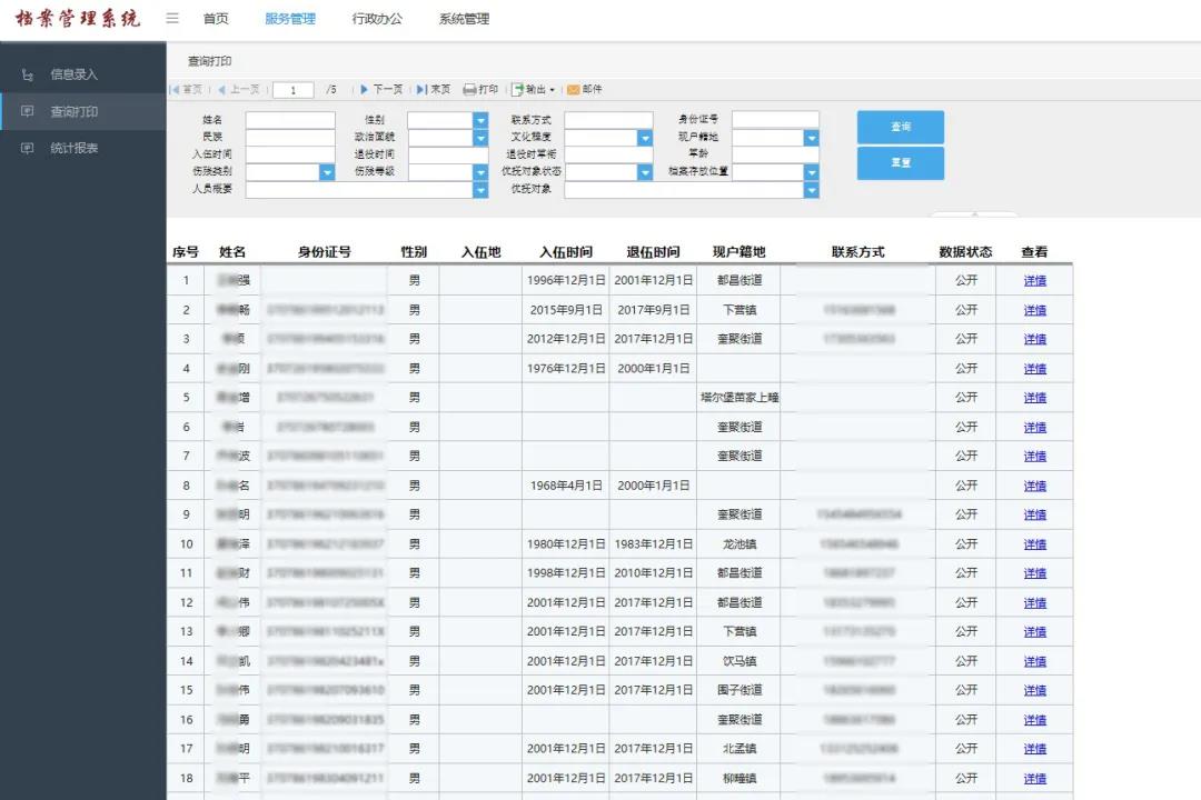 (电子档案系统查询打印界面)